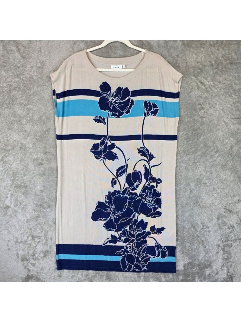 Chico's Dress Womens XL Beige Floral Stripe Scoop Neck T-Shirt Shift Knee Length